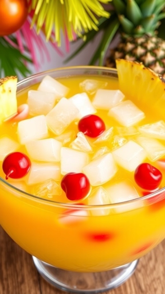 A colorful bowl of Phantom Pineapple Punch with ice, garnished with pineapple and cherries, set against a festive backdrop.